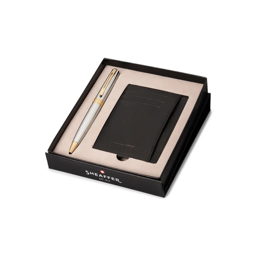 WP33122-1 Sheaffer Gift Set 300 Ballpoint Pen with Credit Card Holder Bright Chrome with Gold Trims