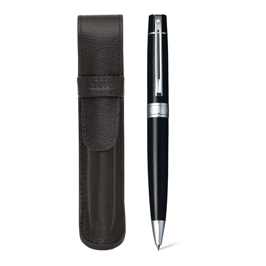 Sheaffer Gift Set Glossy Black 300 9312 Ballpoint Pen With Chrome Trim And Pen Pouch