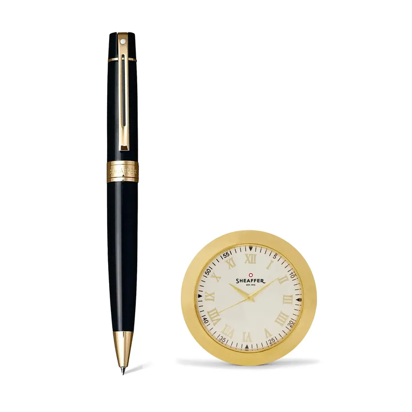 WP33952-8 Sheaffer Gift Set 300 Ballpoint Pen with Table Clock Glossy Black with Gold Trims
