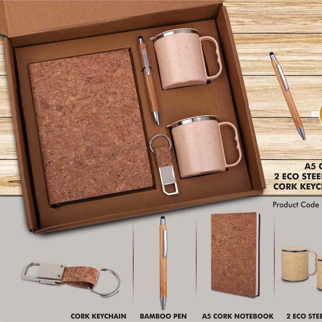 q107 EcoSet 1: Set of A5 Cork notebook, 2 Eco Steel mugs, Bamboo Pen & Cork Keychain in Kraft Gift Box