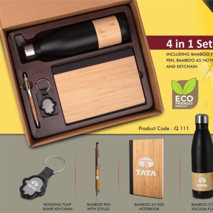 4 in 1 Bamboo set: Keychain, Bamboo vacuum flask, Bamboo pen and A5 bamboo cover notebook in Kraft Gift Box