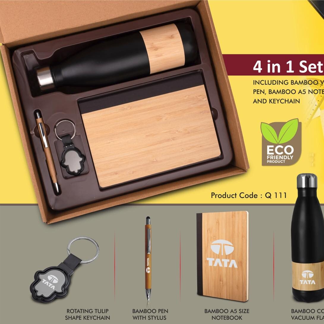 q111 4 in 1 Bamboo set: Keychain, Bamboo vacuum flask, Bamboo pen and A5 bamboo cover notebook in Kraft Gift Box