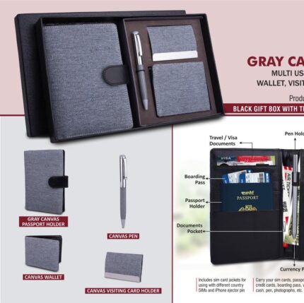 Canvas Gray Set of 4: Multi use Passport holder, Wallet, Card holder, Metal Pen