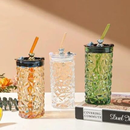 Glass Cup with Straw Creative Cute Juice Drinking Transparent Cup Tumbler Household Office Coffee Milk Mug with Lid and Straw