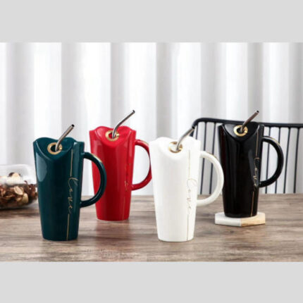 Ceramic Tall Sipper Black Coffee Mug with Stainless Steel Straw